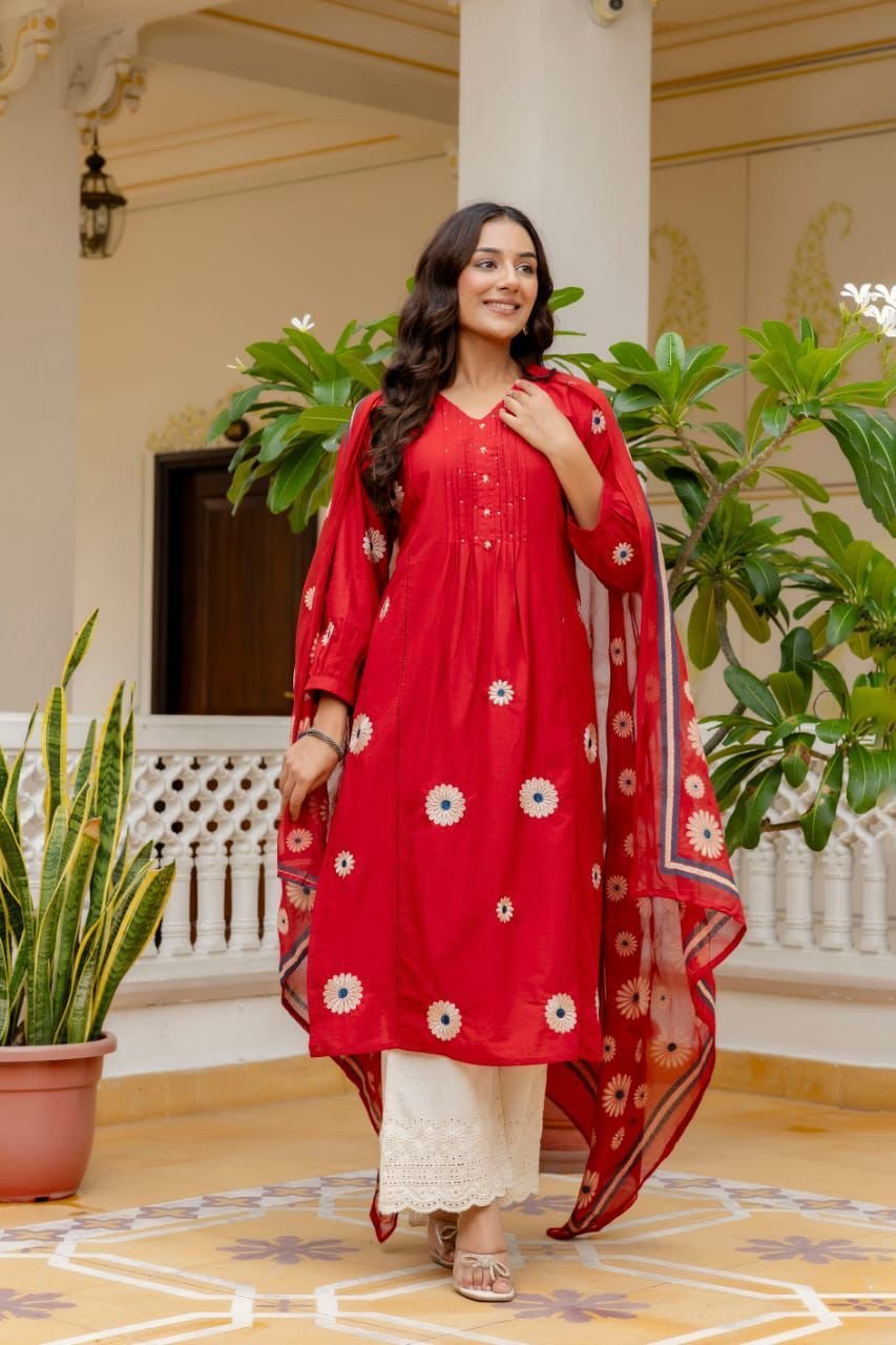 Red Cotton Embroidered Kurti Set with Dupatta